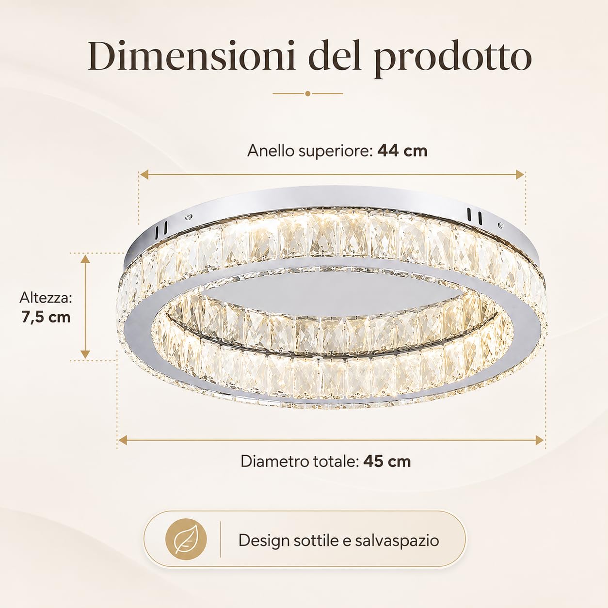 Finktonglan 45 cm Runde Kristall LED Deckenleuchte, Dimmbar, 3000-6500K | 48W Integrierte LED, 5%-95% Dimmung, Fernbedienung und App, Nachtlicht, Timer und Speicherfunktion für Wohnzimmer und Küche