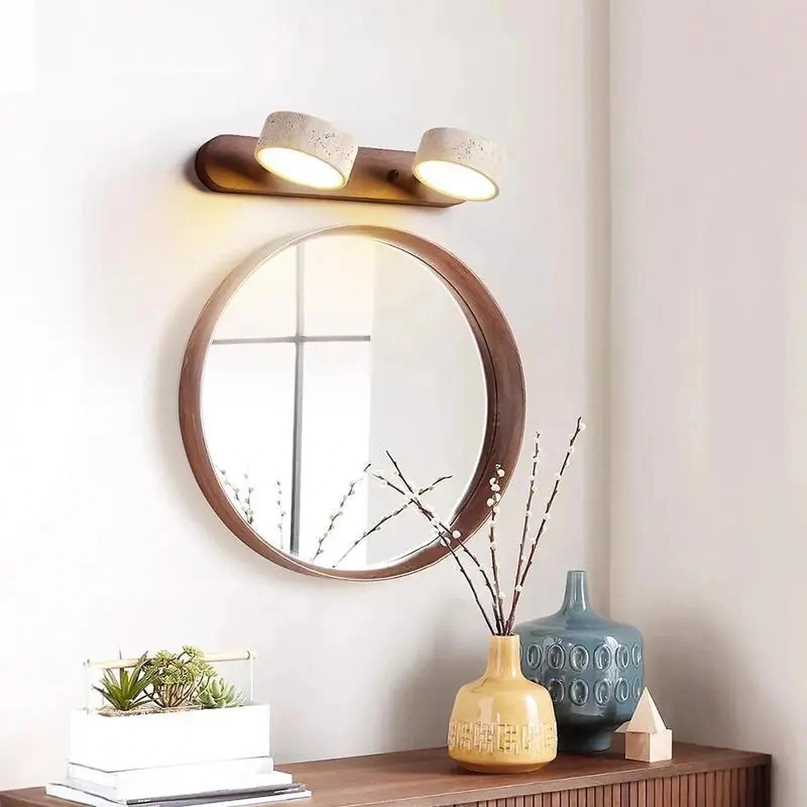 Aplique de baño de Madera Natural – Aplique de Pared de travertino de 3 Luces con LED Giratorio de 180°, lámpara de Piedra Moderna para Espejo de baño, Estilo rústico nórdico (noga