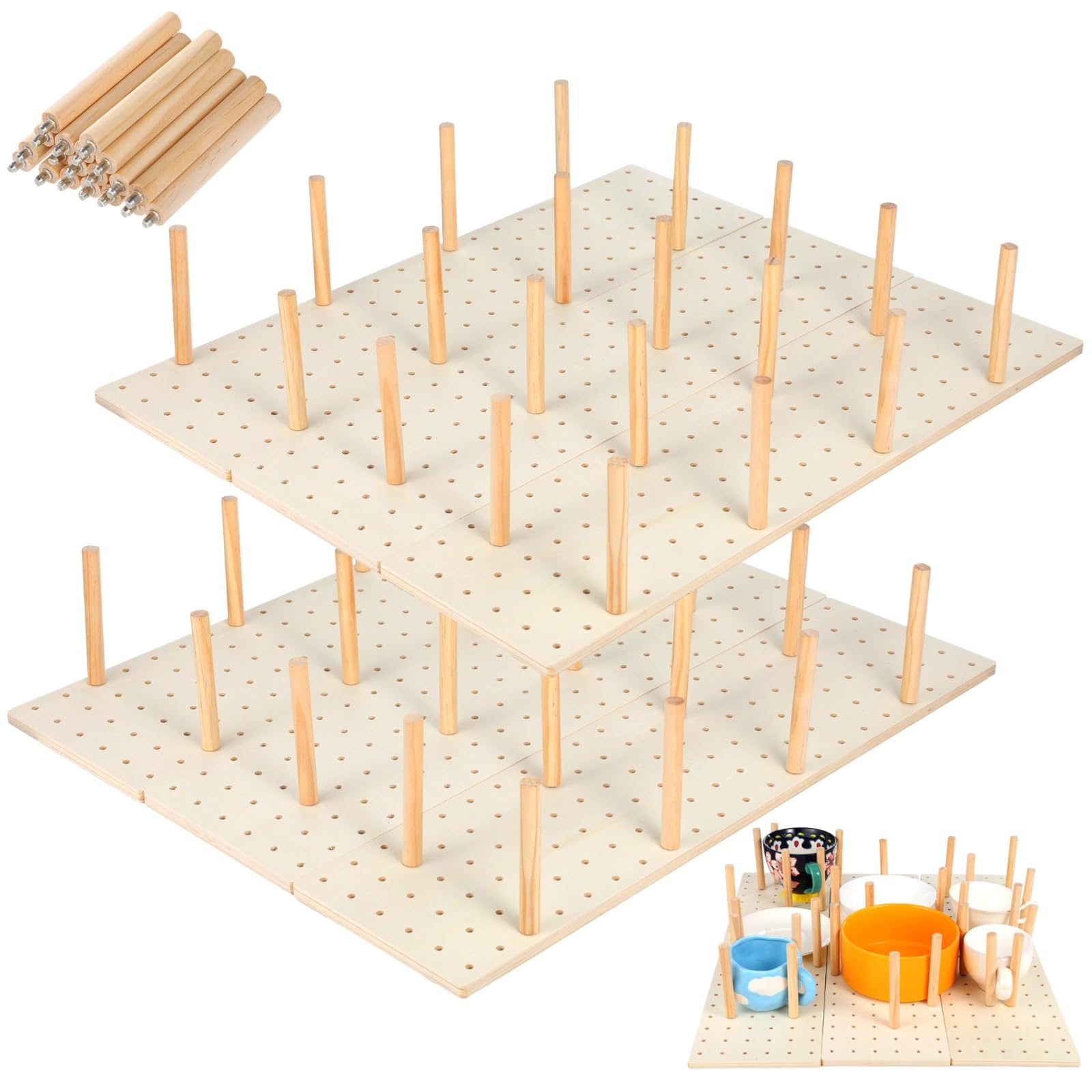 6PCS Wood Pegboard Drawer Organizer with 48 Pegs, Wooden Peg Board Drawer Shelf Organizer Adjustable Peg System for Dishes, Containers, Utensils