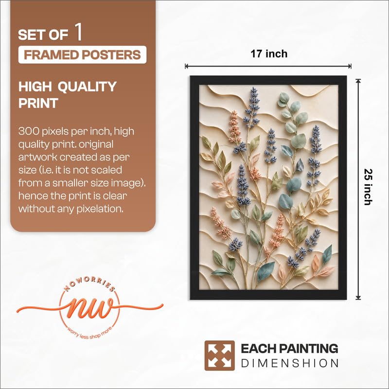 Image of NoWorries Floral Botanical Wall Painting with Frame | Premium Textured Flower & Leaf Artwork, Pastel Nature Wall Decor Framed for Living Room Bedroom Office and Home Decoration (Art-11,17x25inch)