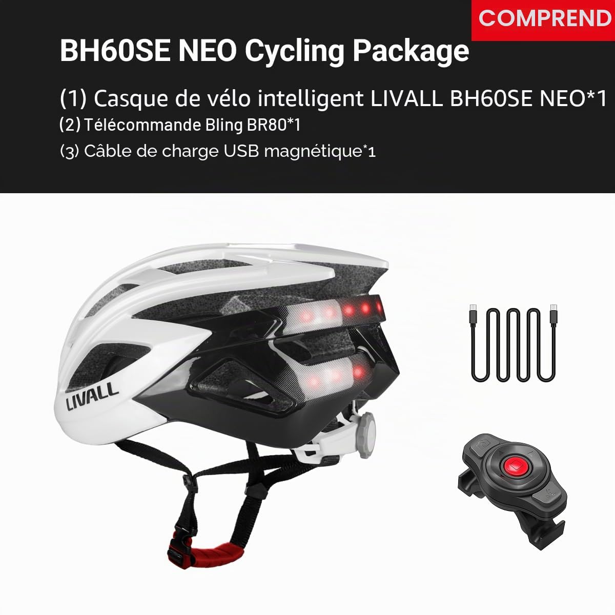 Casque de Vélo Intelligent avec feu arrière LED, Casque de Vélo Bluetooth avec Télécommande, Alarme SOS, Casque de Vélo avec Microphone et Haut - Parleur, Homme et Femme Adultes