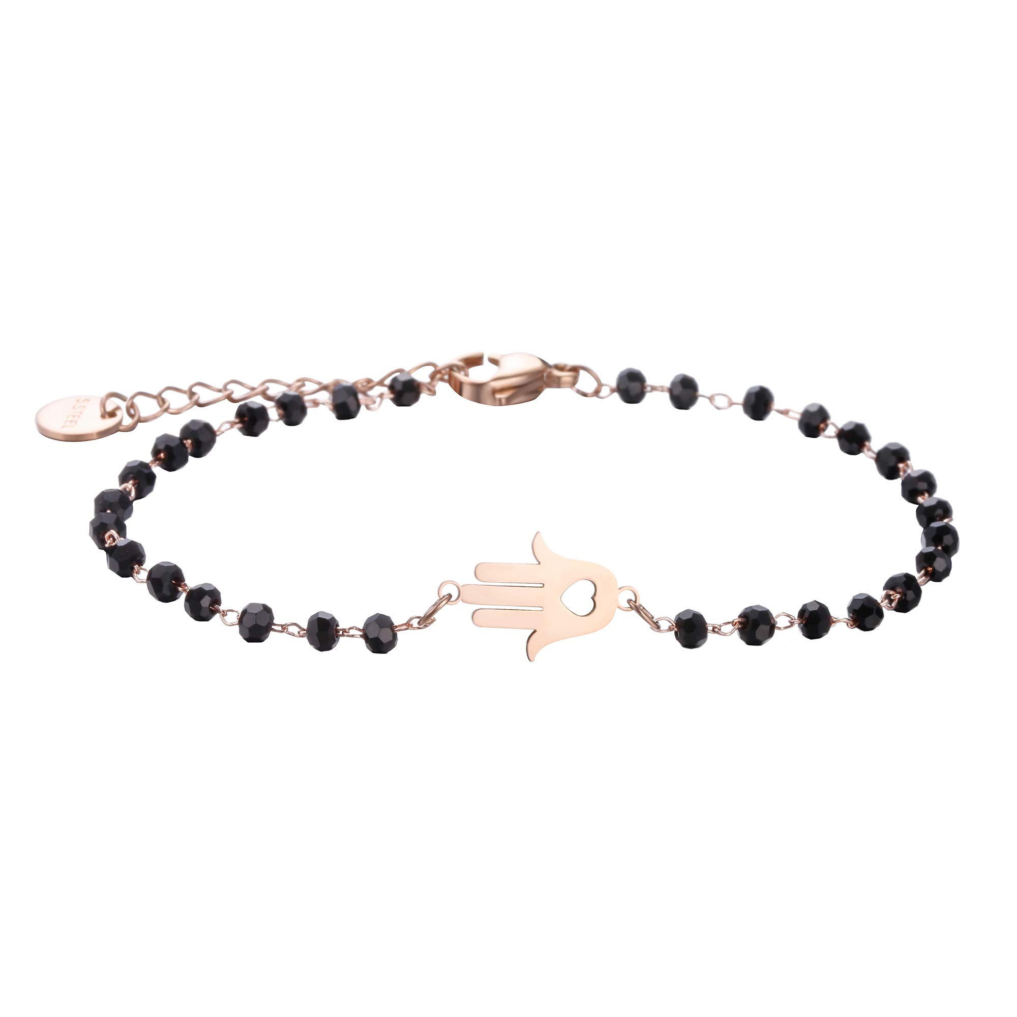pengjin-Bracciale con ciondolo a quadrifoglio portafortuna, in acciaio inox, con perline nere, semplice braccialetto portafortuna