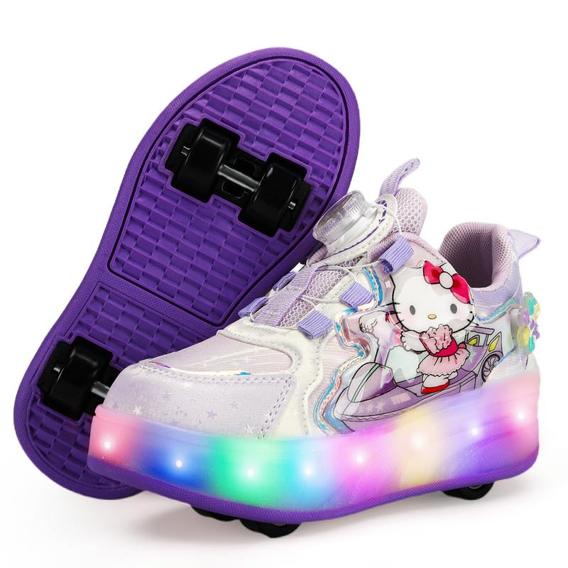 Lucky Kids Kids Roller Skates 4 Wheel Flashing Skate Shoes with LED Lights USB Rechargeable Stylish & Fun for Boys & Girls 28 EU Kitty Purple