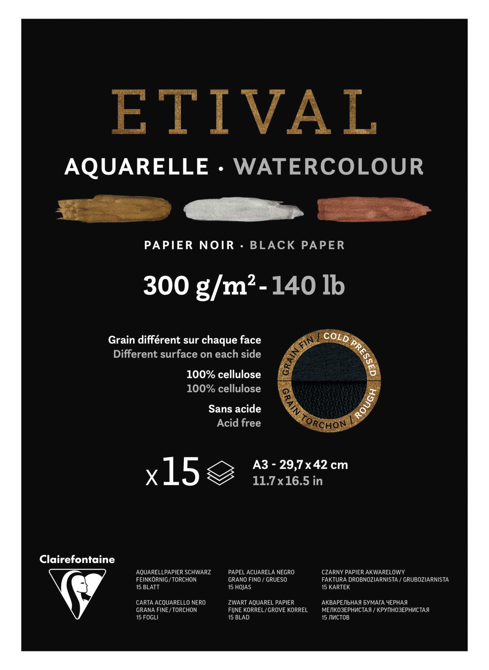 Clairefontaine 975319C - Bloque encolado 1 lado papel de acuarela Etival 15 hojas negras 29, 7 x 42 cm, 300 g, doble grano (doble grano fino y reverso, grano torchón)