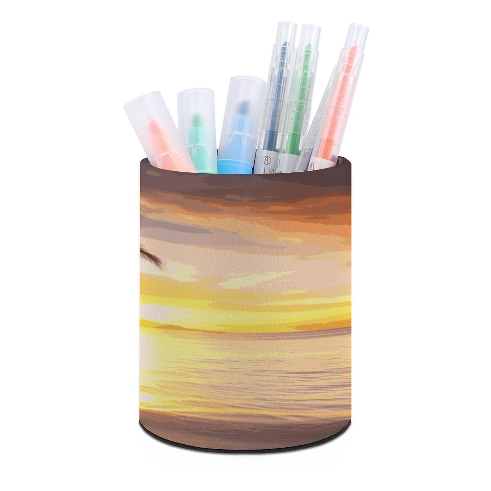 MUSM Sunrise Tropical Palm Tree Island Pen Holder Round PU Leather Pencil Cup Waterproof Pencil Holder for Desk Pen Cup Pen Organizer Pencil Organizer Makeup Brush Holders for Home Office Decor