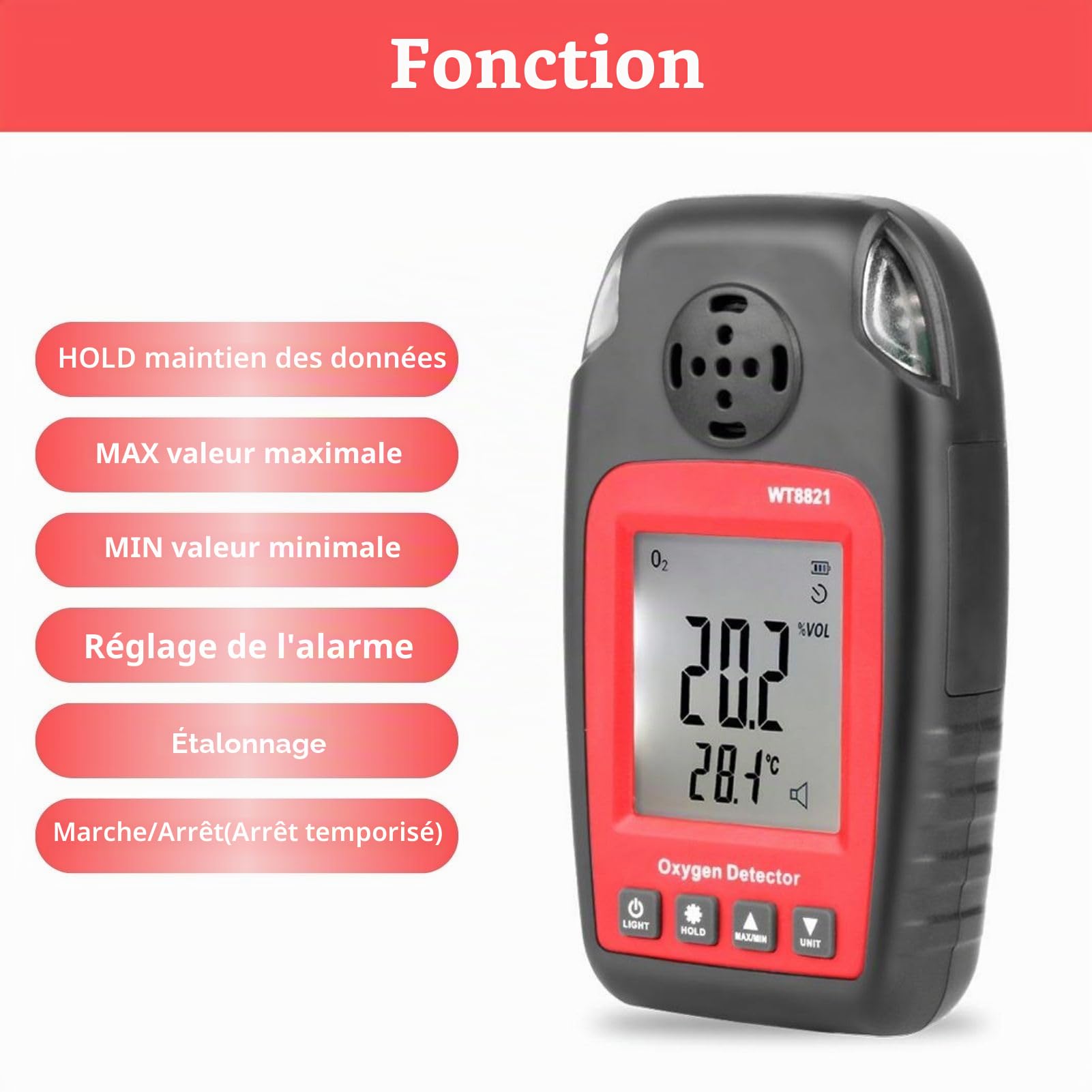 Jadeshay Detecteur de Gaz, Détecteur D'oxygène WT8821 0~25% VOL Analyseur de Testeur d'Oxygène Portable Détecteur O2 écran LCD, pour Travail Et Maison