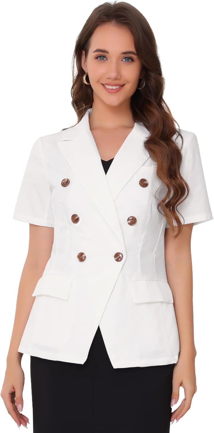 Allegra K Linen Blazer for Women's Double Breasted Work Office Short Sleeve Lapel Blazer