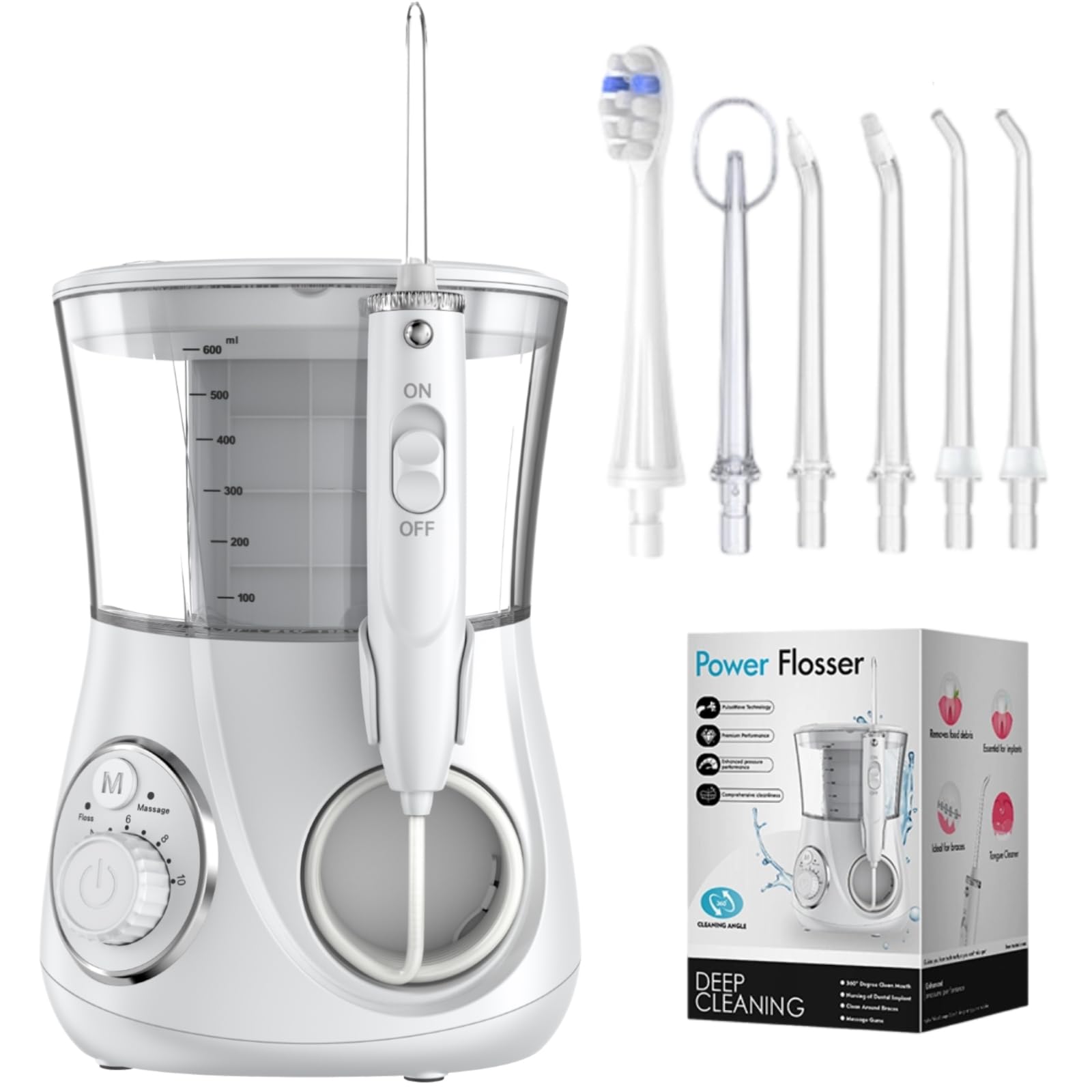 Irrigador bucal con cable eléctrico de 600 ml, púa dental profesional con 6 puntas de chorro y 10 niveles de presión para limpieza de dientes, ortodoncia, encías, aparatos ortopédicos, cuidado dental