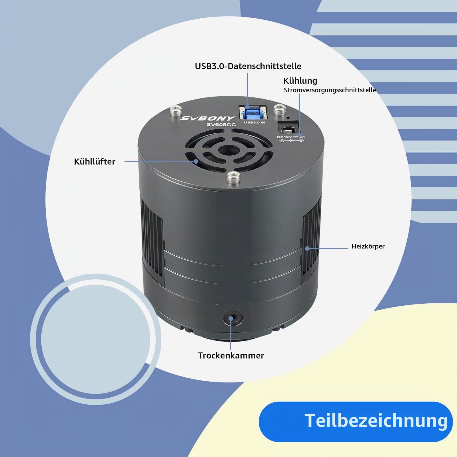 SVBONY SV605CC gekühlte Astrofotografie-Kamera, 9 MP IMX533 CMOS-Farbkamera | Doppelschichtige Halbleiter-Kühlung, USB3.0, 30 ℃ niedriger für Deep Sky Astrofotografie, Panorama-Astronomie & Lucky Imaging