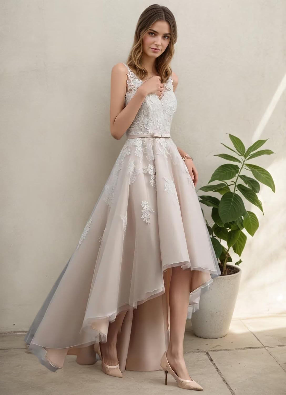 Robe de mariée midi en tulle pour mariée - Longueur du thé - Style bohème - Dentelle - Avec manches - Pour femme