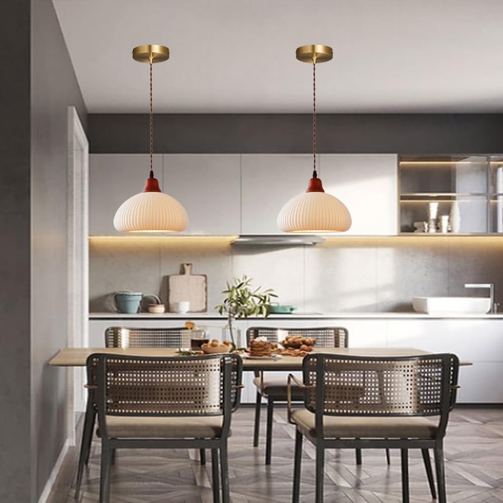 Lampada a sospensione in ceramica bianca a coste, lampada a moderna di metà secolo, lampadario a soffitto in legno rustico della fattoria, tavolo da pranzo for camera letto