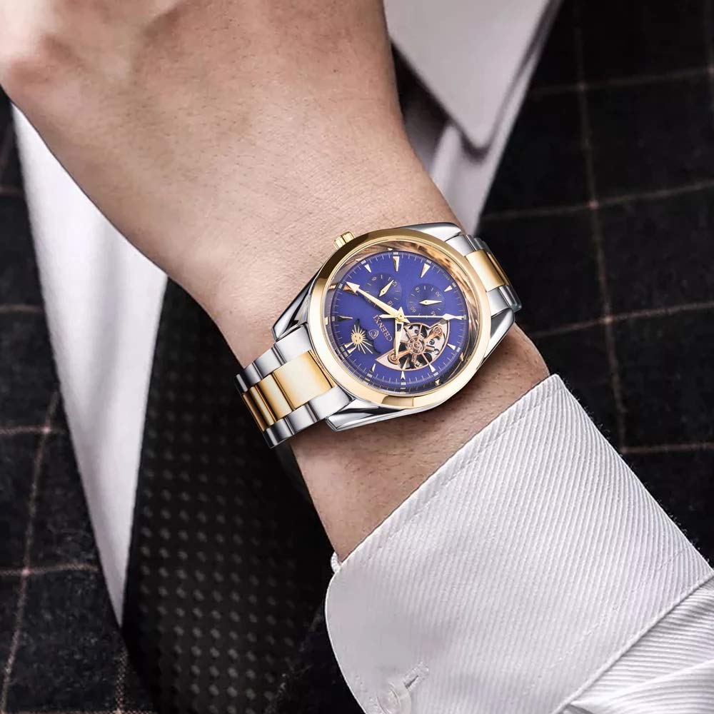 MASTOP Herren-Armbanduhr, automatisch, mechanisch, Edelstahl, Tourbillon, Mondphase, wasserdicht, klassisch, analog