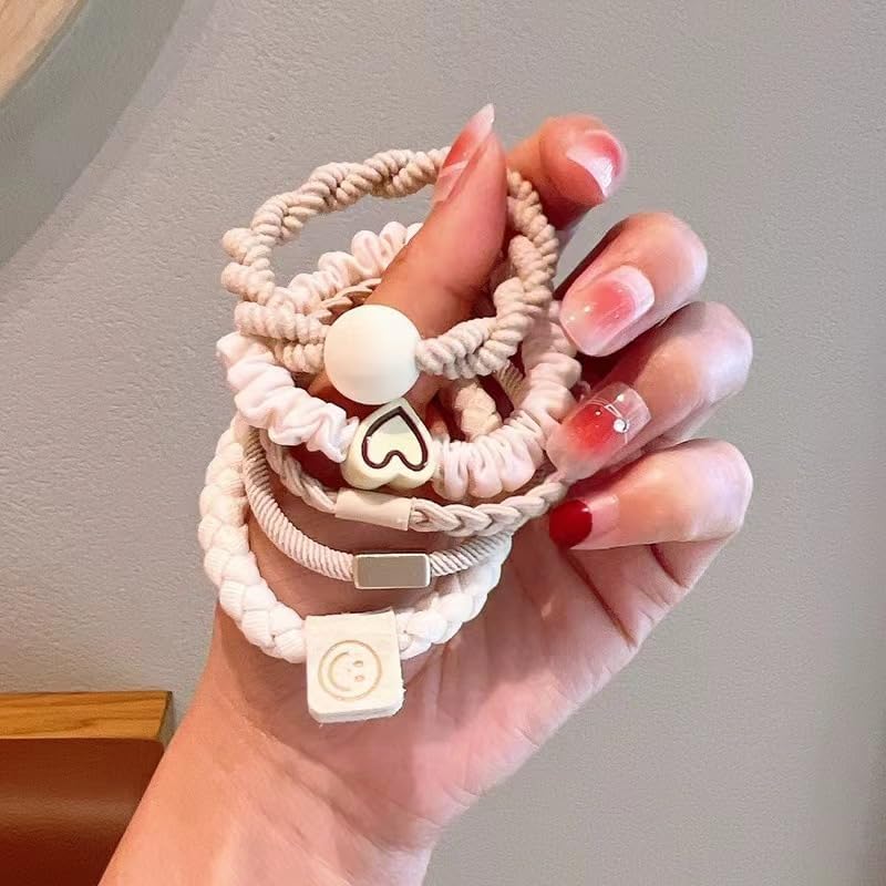 Conjunto de 5 peças de laços de cabelo femininos elásticos modernos com corda de borracha, acessórios de cabelo, decorações para meninas para mulheres e meninas (5 peças - branco)
