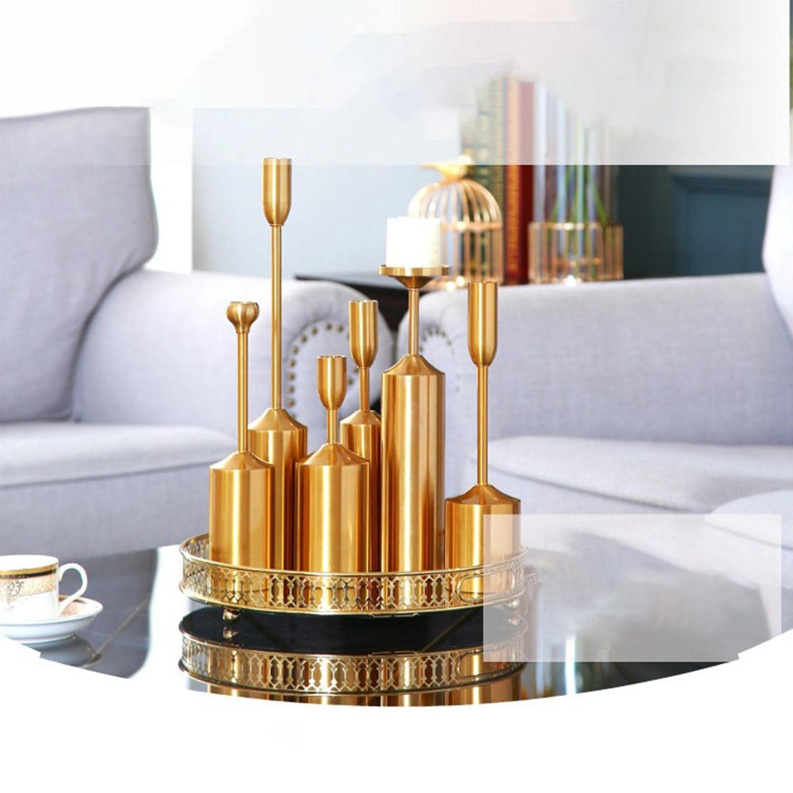 Portavelas Decorativos de Aluminio Dorado Juegos de Candelabros para Velas Cónicas Diseño Elegante Y Anticorrosivo Adecuado para Regalos, Juego de 6, Individual