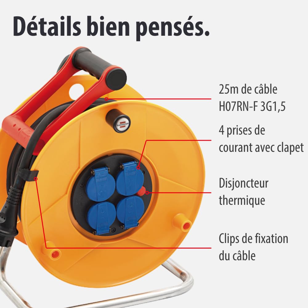 Brennenstuhl Enrouleur de câble Standard Pro 25m (IP44, Cablepilot), Fabrication Française 1206921 Jaune