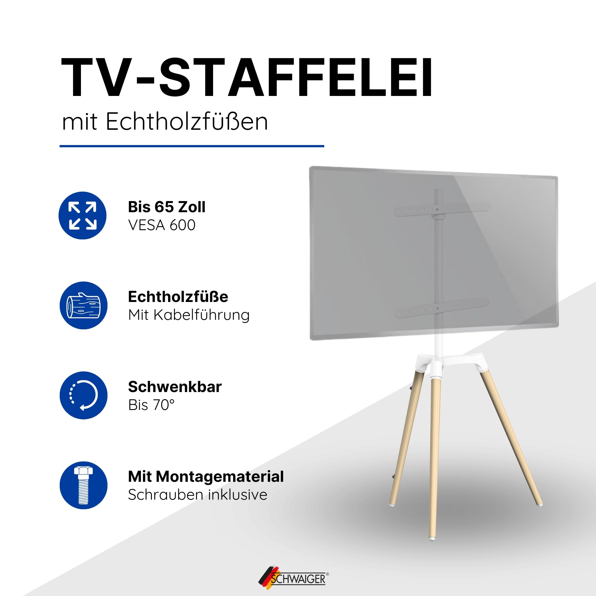 SCHWAIGER -658224- Zestaw sztalug telewizyjnych | stojak z zestawem nóg sztalugowych | do płaskich ekranów | do 65 cali | możliwość obciążenia do 35 kg | VESA max. 600 | jasny wygląd