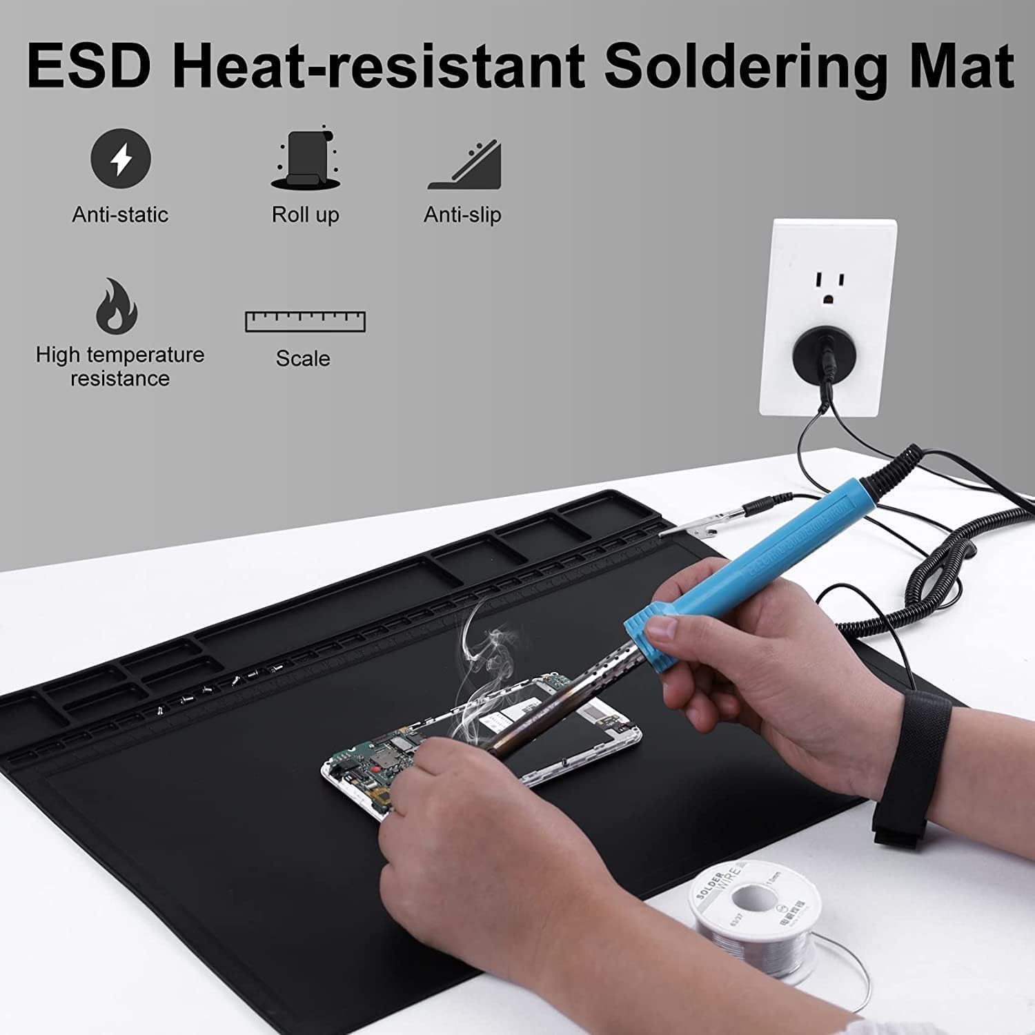 HPFIX Antistatik Matte ESD-sicher für Elektronik, ESD-Lötmatte hitzebeständig mit ESD-Armband und Erdungskabel für Computer-, Laptop-, Mobiltelefon- und iPad-Reparaturen