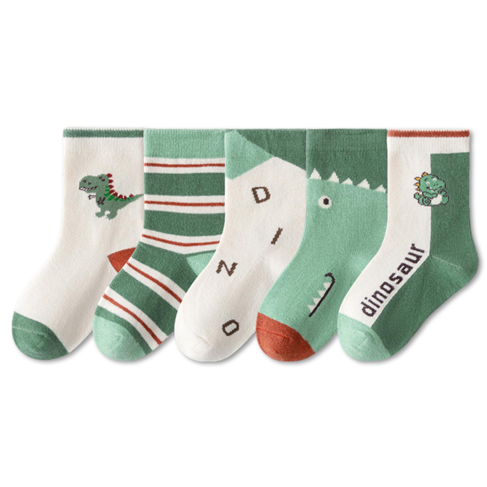Bacnlip 5 Pairs Girls Boys Calf Socks Kids Cotton Soft Toddler Novelty Animal Socks(Green Dinosaur, 3-5 Years)