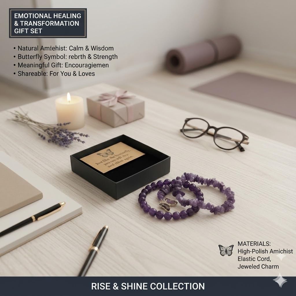 Purple Butterfly Bracelet Set for Women, 2PCS Beaded Crystal Bracelets with Gift Box & Inspirational Quote Card, Spiritual Jewelry for Sleep, Meditation & Yoga - Image 7