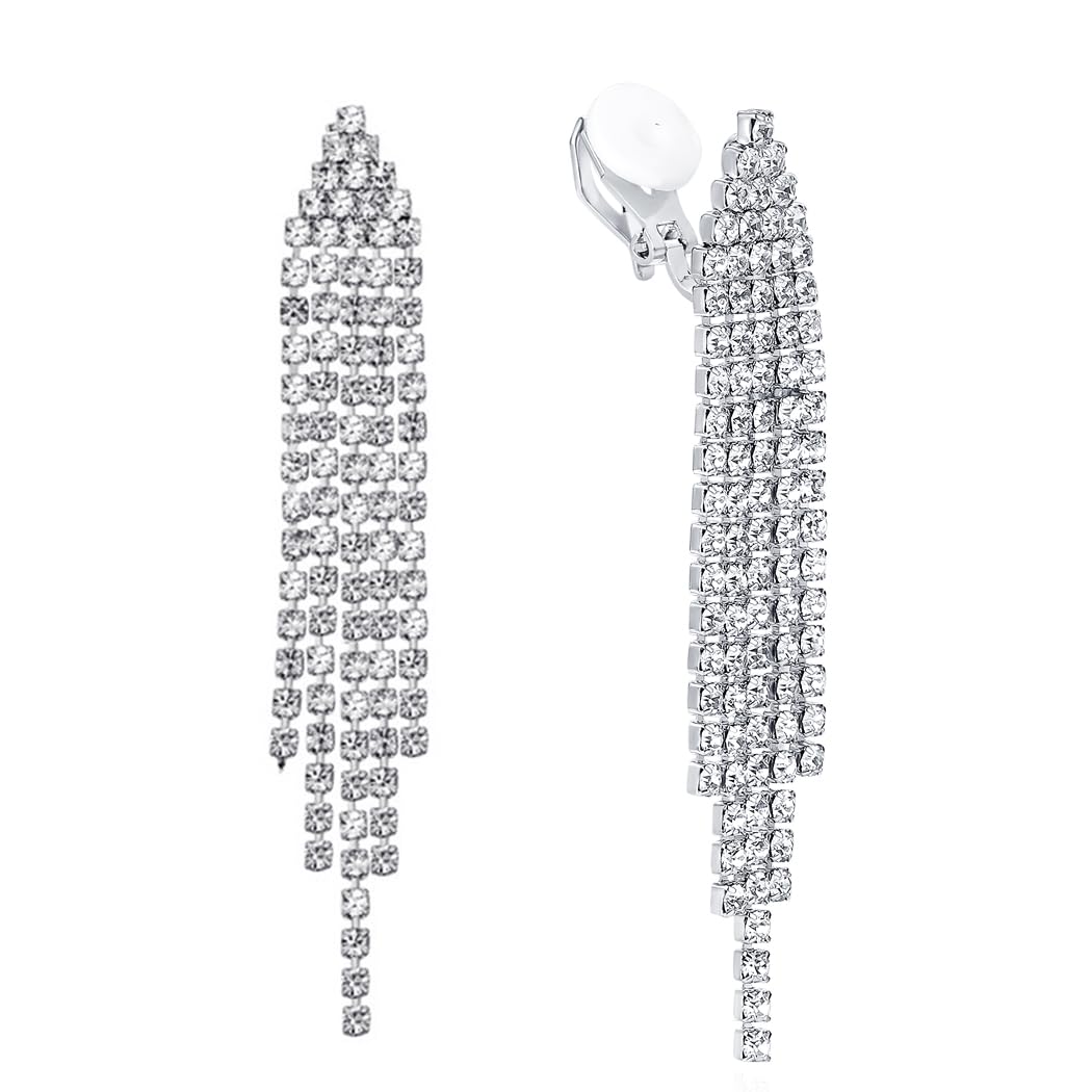 SELOVO Clip on Chandelier Tassel Dangle Linear Drop Earrings Party Jewelry Clear Austrian Crystal