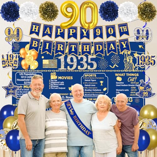 Image of 90th Birthday Decorations for Men Women Navy Blue Gold Vintage Back in 1935 Banner Happy 90th Birthday Honeycomb Centerpiece Hanging Swirls Sash Paper Pompoms Decor for Cheers to 90 Years Old Supplies