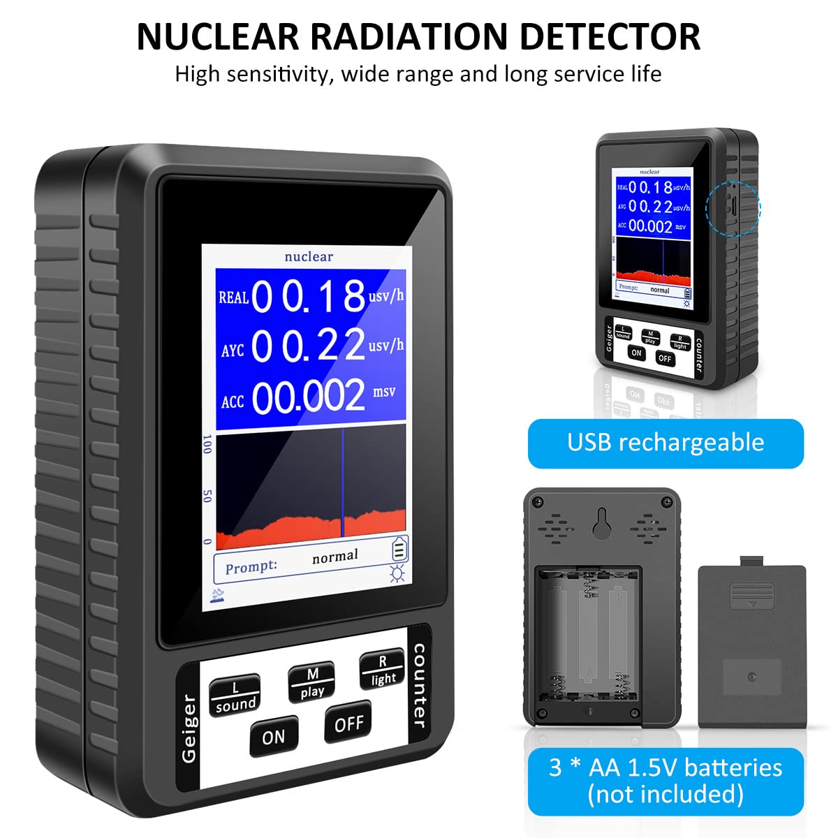Contatore Geiger, radiometro radioattività, riutilizzabile, misuratore EMF, ricarica USB, dosimetro retroilluminato, dosimetro personale, radioattività, Sch
