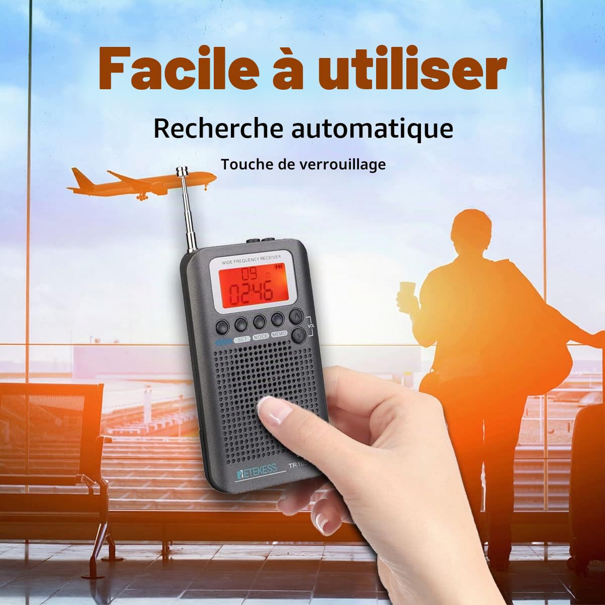 Retekess TR105 Récepteur à Ondes Courtes, Radio Portable Récepteur de Bande d'avion, FM AM SW CB AIR de Syntonisation Numérique avec Fonction Minuterie et Horloge,LCD,Cadeau(Gris)