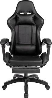 High Back Ergonomic Gaming Chair | PU Leather Reclining Office Desk Chair 135° | Adjustable Height, Armrests & Footrest | Black/Red/Blue (Black)