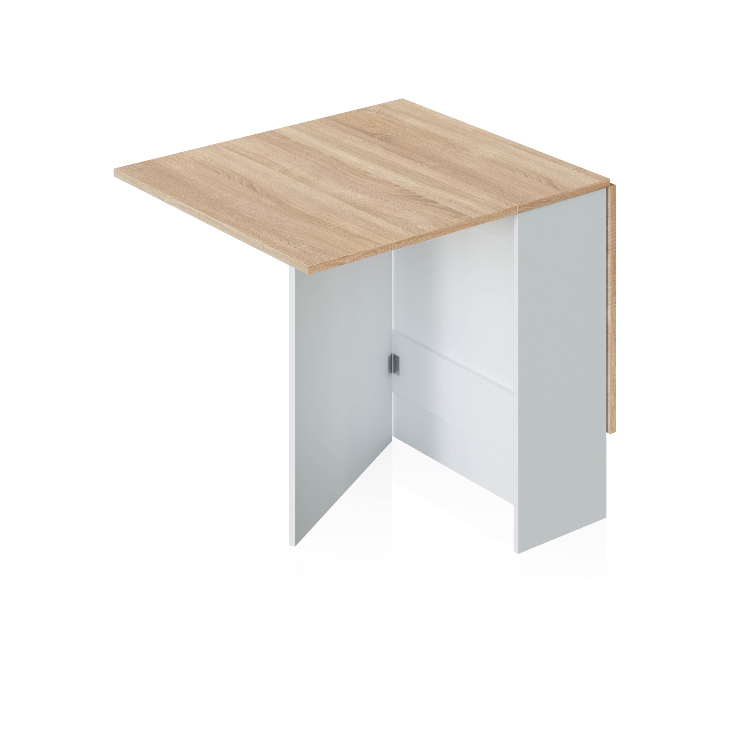 duehome | Mesa Auxiliar con Alas Abatibles, Mesa Cocina, Acabado en Color Blanco Artik y Roble Canadian, Modelo Nolix, Medidas: 77 cm (Largo) x 31-140 cm (Ancho) x 79 cm (Alto)