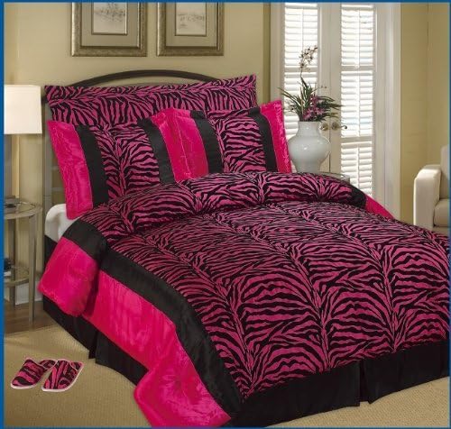 OctoRose 7pc Full/Queen Faux Silk and Flocking Printing Black/Pink Zebra Comforter Set Bedding-in-a-Bag