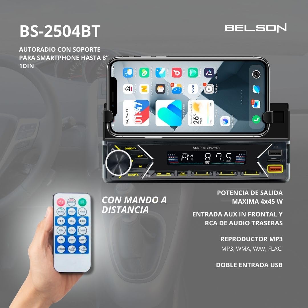 Autoradio Belson BS-2504 1DIN Avec Support Smartphone 8'' - FM, 4x45W, Bluetooth, Mains Libres, USB, Télécommande
