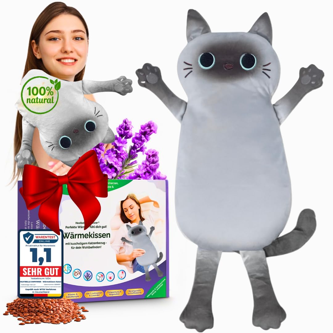 Körnerkissen, Kuscheliges Wärmekissen, Mikrowelle geeignet, waschbarer Bezug, Tier Katze Ideal bei Verspannungen und Krämpfen Geschenke für Frauen, Mädchen und Kinder (Katze grau)