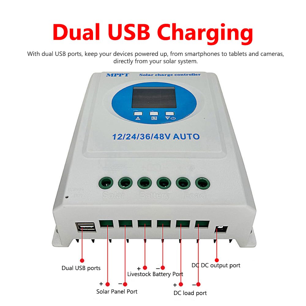 Irfora MPPT Solarladeregler 150A 12V/24V/36V/48V LCD-Display Intelligenter Batterieregler mit doppeltem USB-Ausgang für Al/Lithium-Batterie