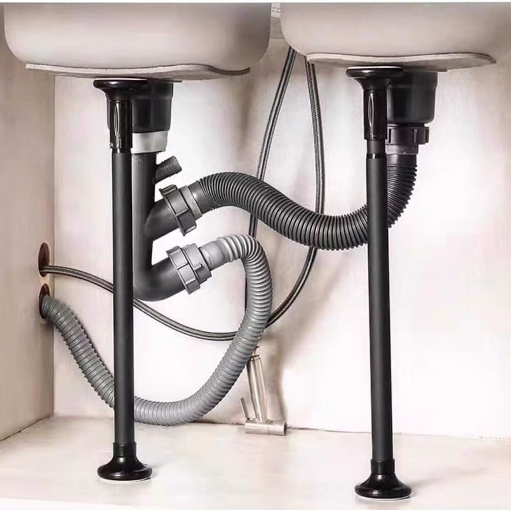 Patas de Soporte Ajustables de Acero Inoxidable para Fregadero de Cocina y baño. Varillas sin Taladro, Altura de 35 a 50 cm, Acabado Negro Duradero y Elegante.