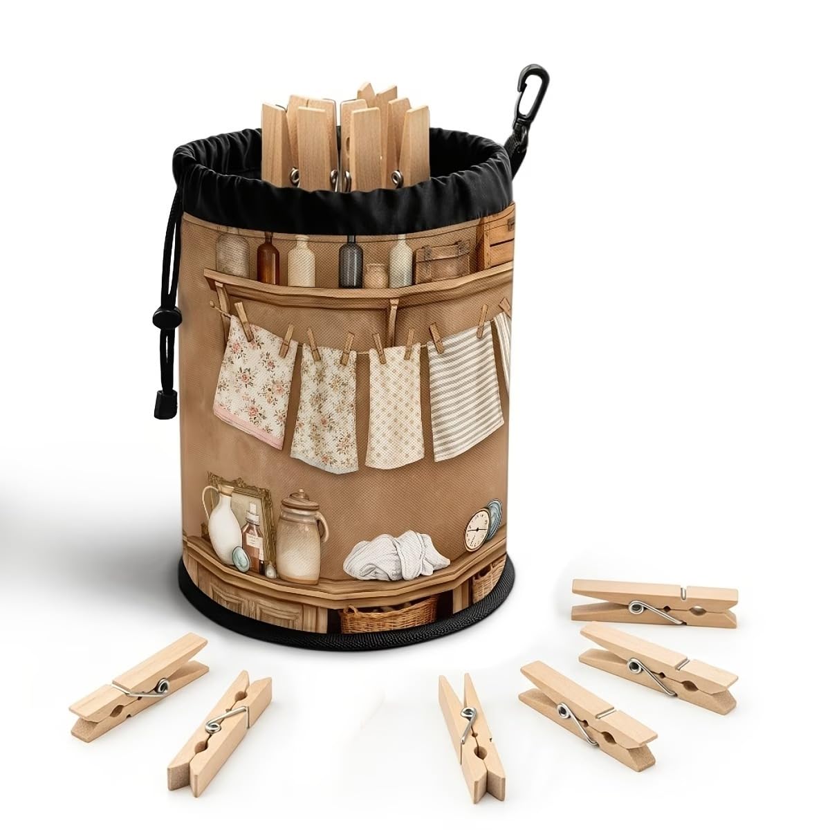 Portable Clothespin Storage Bag with Drawstring Closure & Hanging Hook | Multipurpose Laundry Peg Holder Organizer | Durable Fabric Storage Pouch for Clothes Clips, Small Tools & Accessories-image-42