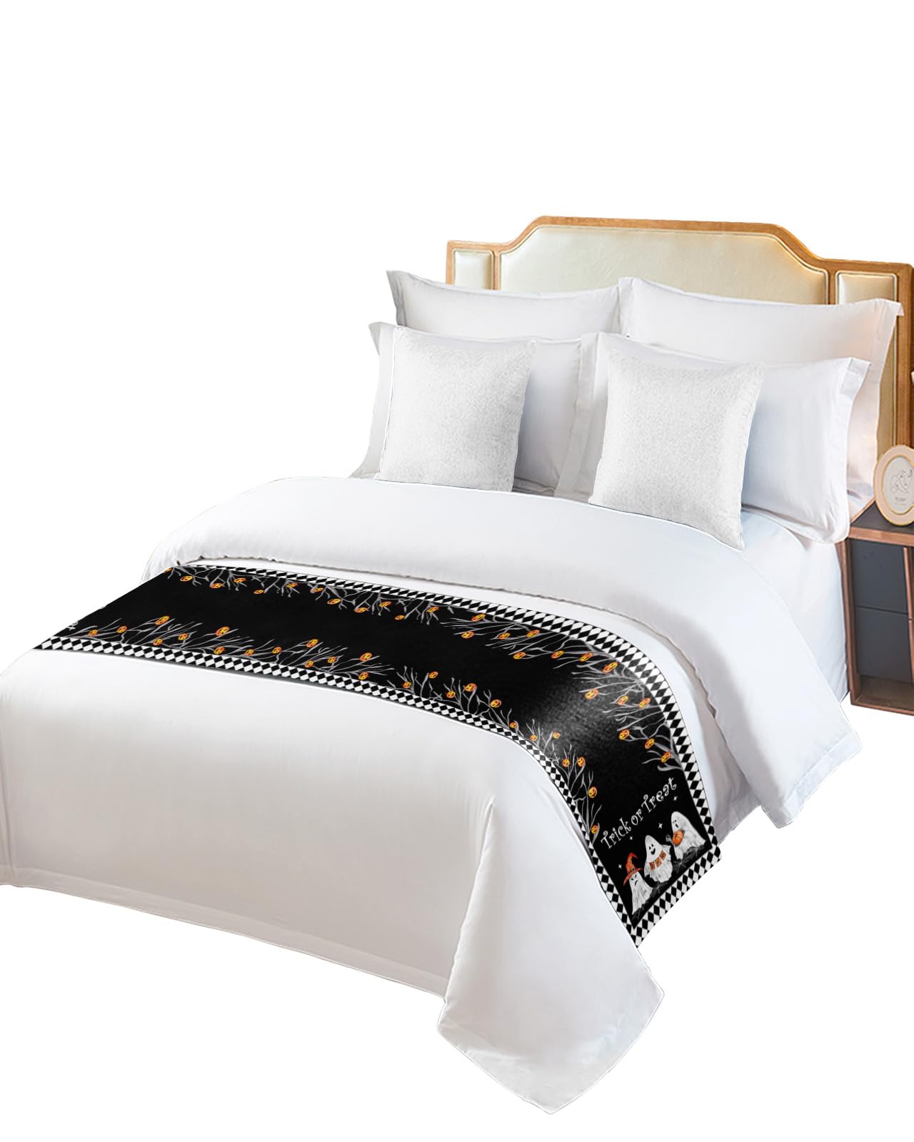 Bed Runner for Twin Size Bed, Halloween Bed Scarf Throws for Foot of Bed, Black White Plaid Boo Ghost Pumpkin Trick or Treat Luxury Bedding Protector Slipcover Bed Runners for Hotel/Home, 71 x 20 Inch