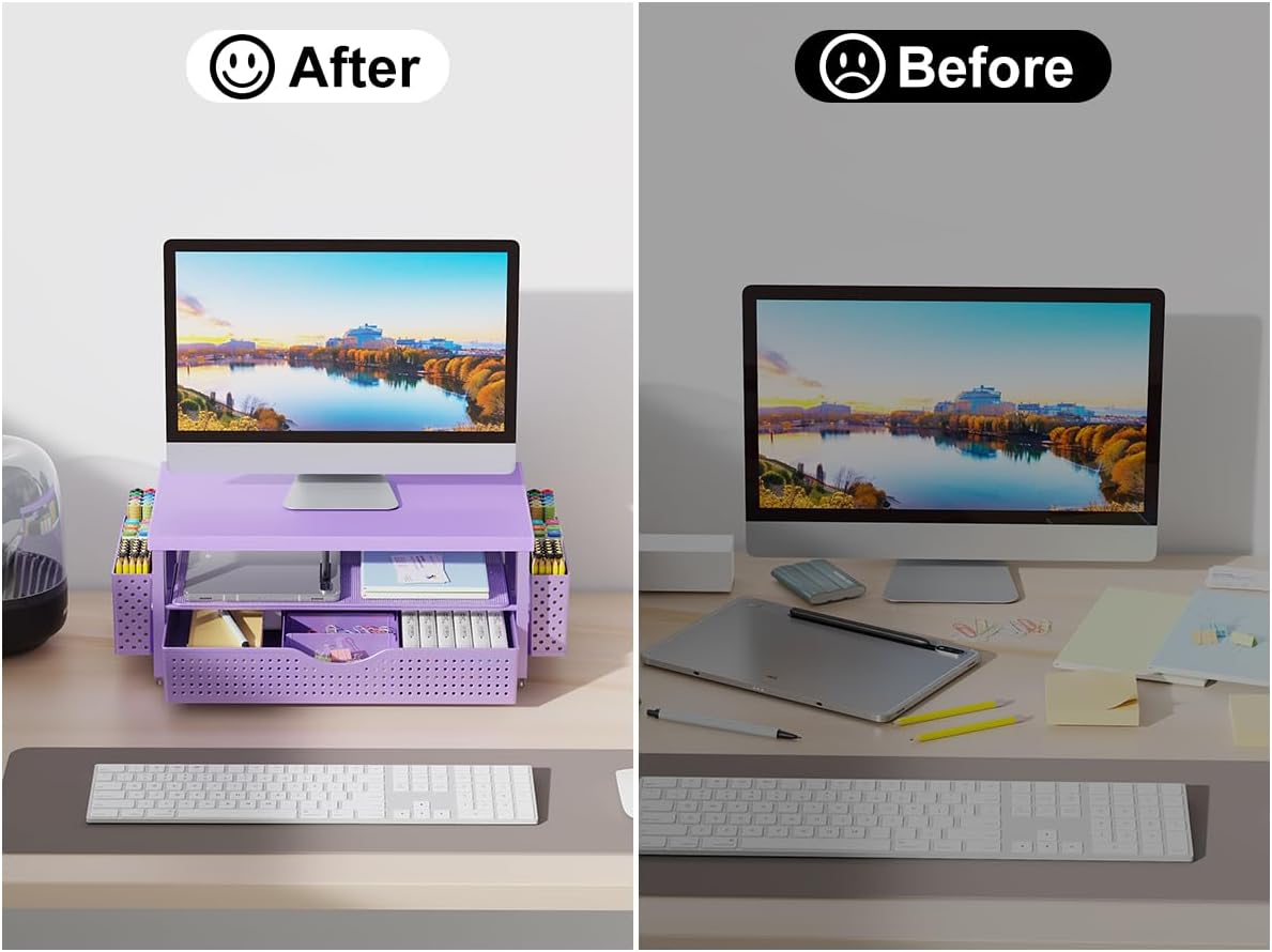 gianotter Wood Monitor Stand Riser, Desk Organizer with Drawer and 2 Pen Holders, 2-Tier Workspace Organizer for Office Supplies (Purple Wood)