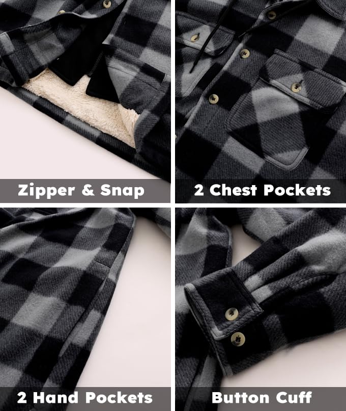 Image of TanBridge Men's Cotton Plaid Shirts Jacket Full Zip Fleece Flannel Sherpa Lined Hoodies Heavyweight Hoodies Jacket for Men