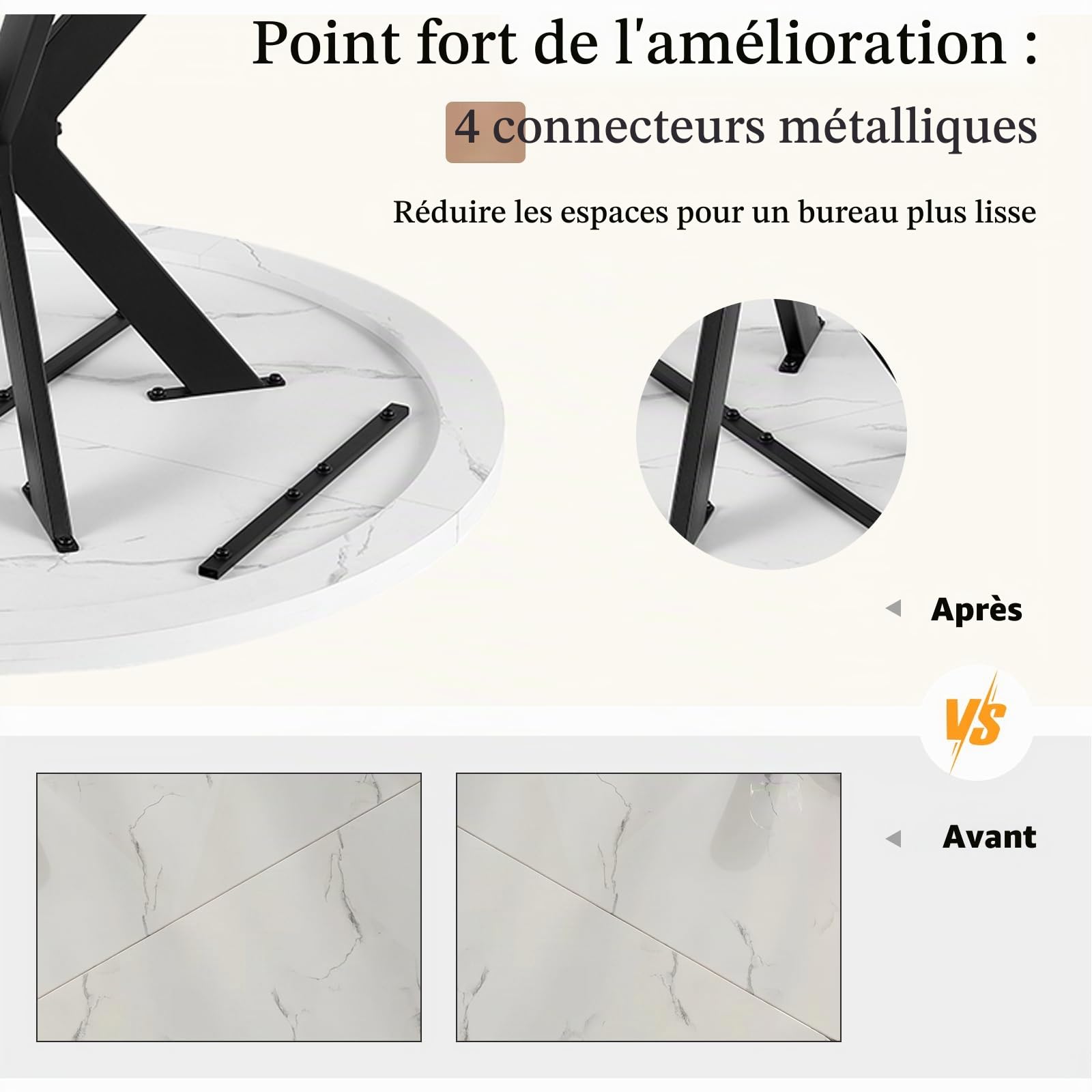 Table à Manger Ronde 100cm,Table de Cuisine en Bois Blanc Aspect Marbre,Salle à Manger,Cuisine,Ronde Bois,Plateau MDF Épaissi 3cm, pour 4-6 Personnes,100x100x75cm,Blanc