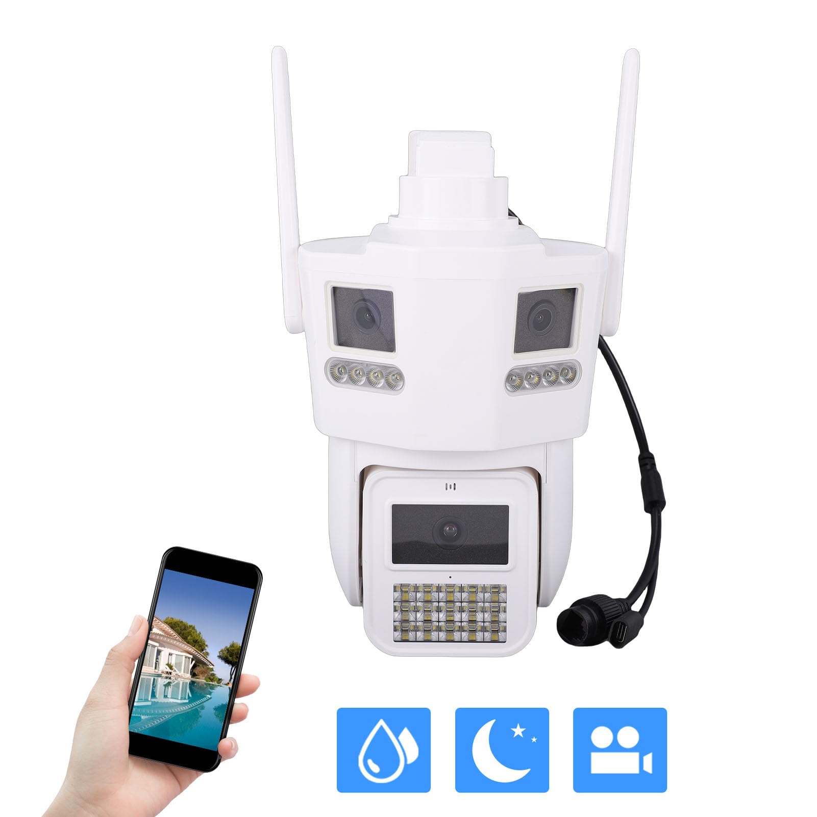 Annadue Bezprzewodowa Kamera Bezpieczeństwa, Potrójny Obiektyw 6 MP, wodoszczelność IP66, Pokrycie 360 ​​stopni, Kamera Bezpieczeństwa Wi-Fi z funkcją Wykrywania Obecności Człowie
