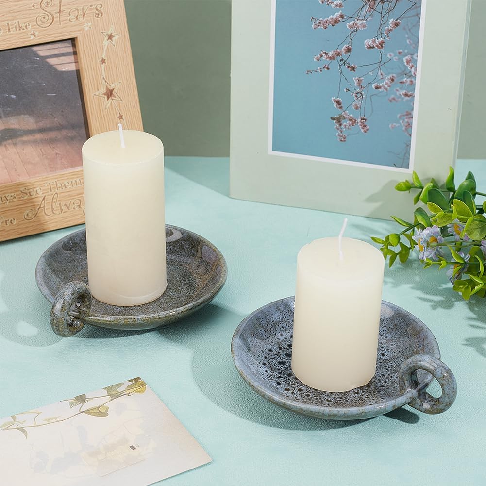 OLYCRAFT 2pcs Vintage Ceramic Candle Holders with Handle 4.8x5.6 Inch Haze Blue Ceramic Candle Plate Holder Vintage Style Round Porcelain Candle Plate Decorative Candlestick Holder
