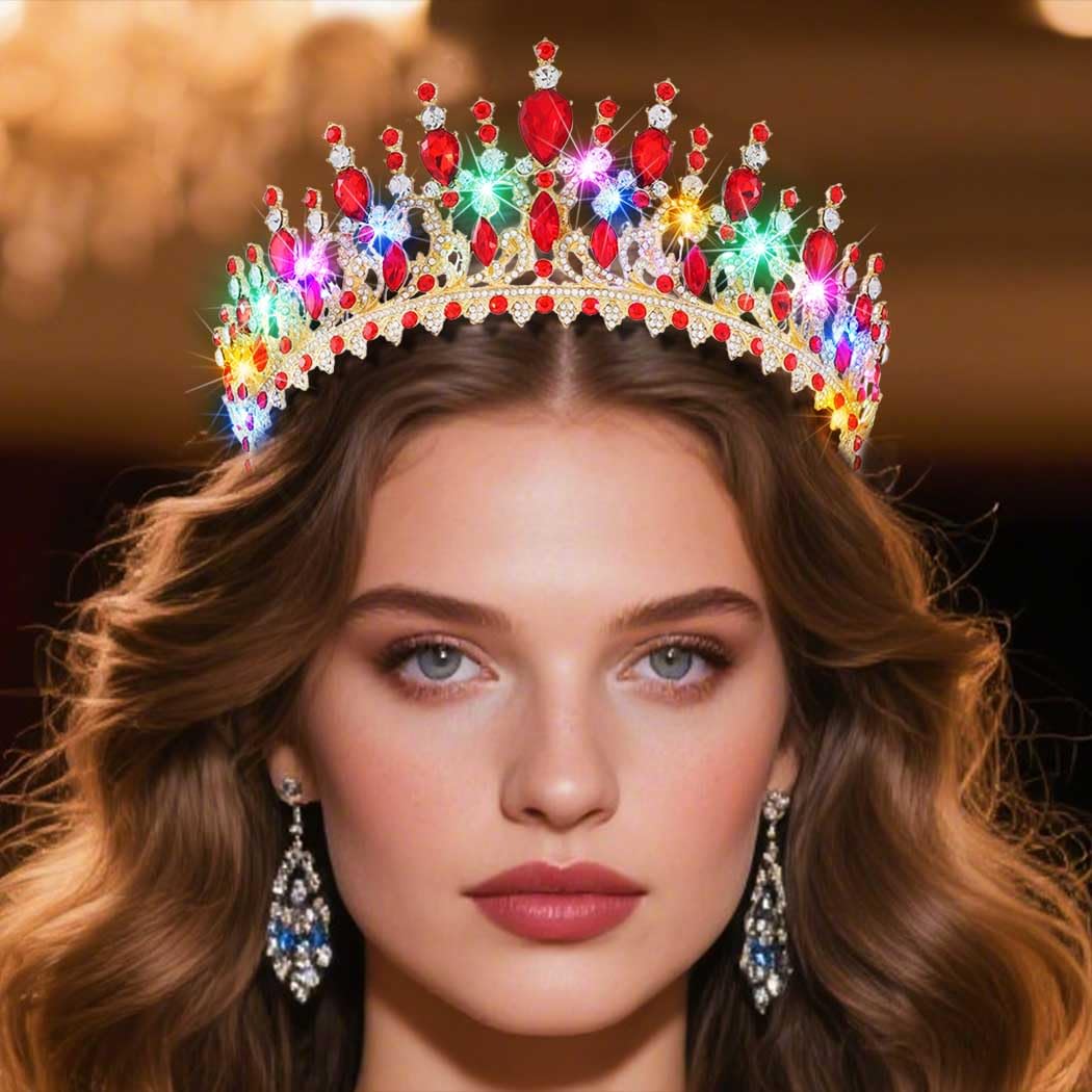 Yean Light Up Rhinestone Queen Crown Gold Red Baroque Crowns Bridal Tiara Hair Accessories for Women (Gold+Red, One Size)