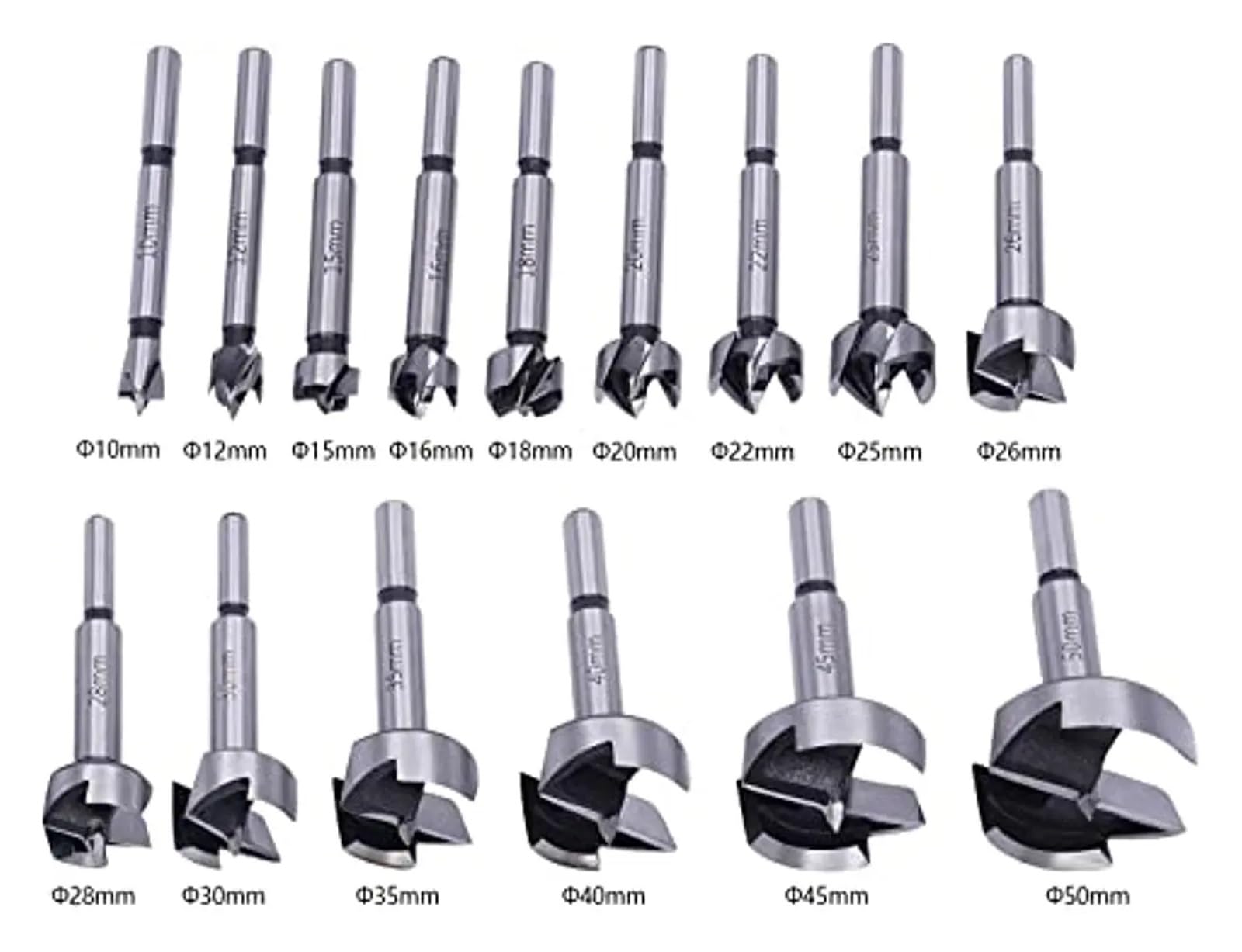 Juego De 15 Brocas Forstner De 10 Mm A 50 Mm For Sierras De Corona Con Tope De Profundidad Y Bisagras For Carpintería Y Muebles.