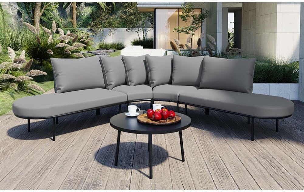 Patio Half- Moon Curved Outdoor Furniture Sofa Set with Coffee Table, All Weather Iron Frame Outdoor Indoor Conversation Set for 6 People, Padded Seats and Backrest Cushions for Garden, Gray (Grey)