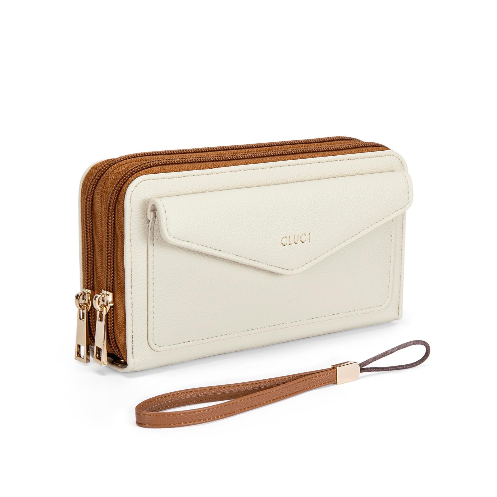 CLUCI Wallet Women Large Capacity Wristlet Purse for Women Long Ladies Wallet RFID Blocking Multi Credit Card Holder Beige with Brown