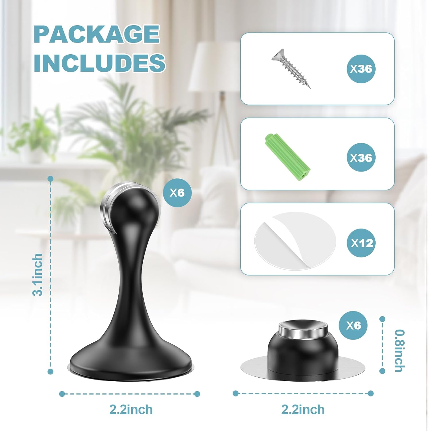 Magnetic Door Stoppers 6 Pack, Stainless Steel Door Stops for Wall and Floor Mounting, Door Holder Keep Door Open, No Drilling Door Stop with 3D Adhesive Tapes, Black