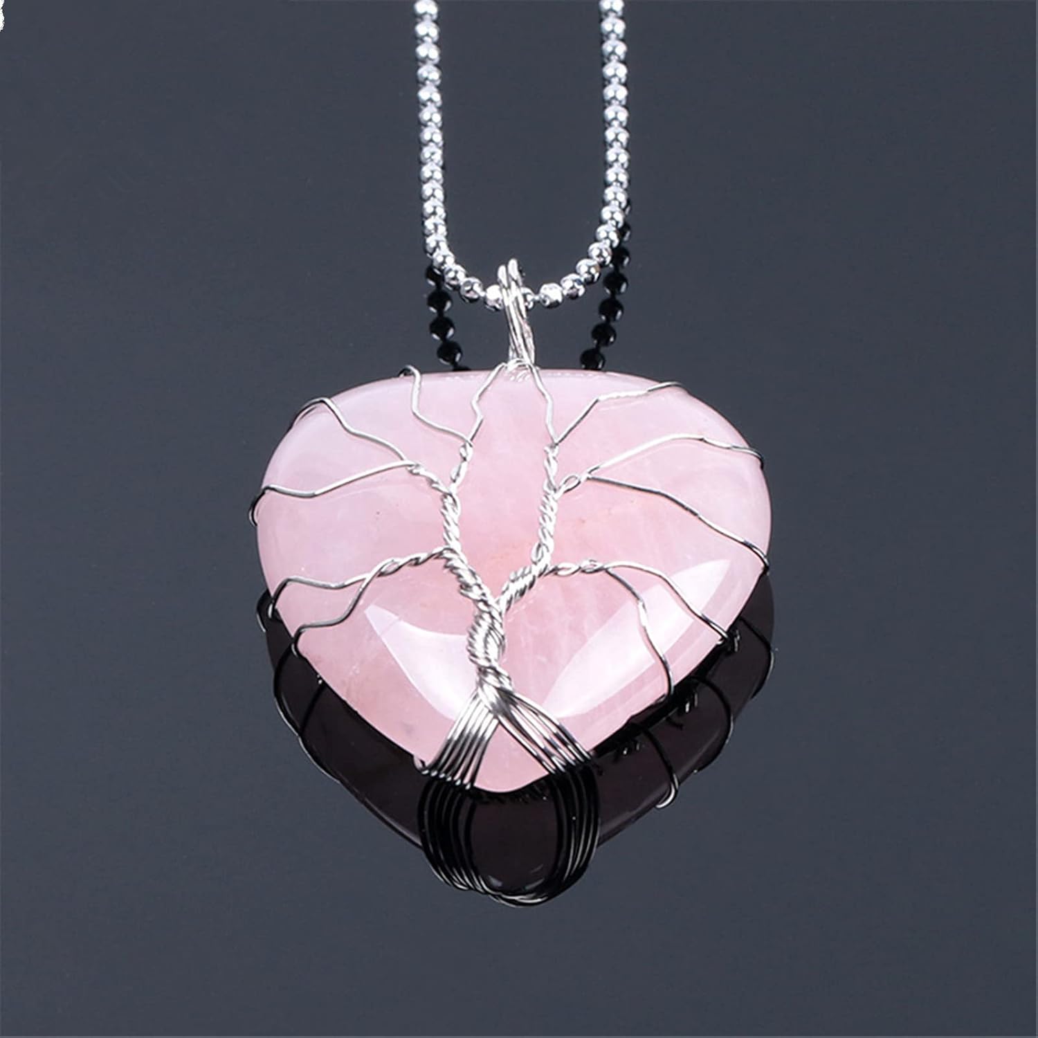 Miniatura 2 de Collar con colgante de piedra natural de cuarzo rosa amatista en forma de corazón envuelto en alambre de amor, corazón, luna, media luna, media