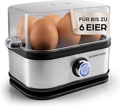 Gourmetmaxx Egg Cooker for 6 Eggs Egg Boiler with Egg Cutter in Measuring Cup Egg Cooker with 3 Hardness Levels Suitable for Every Egg Cup Design Egg Cooker Stainless Steel Dishwasher Safe Parts