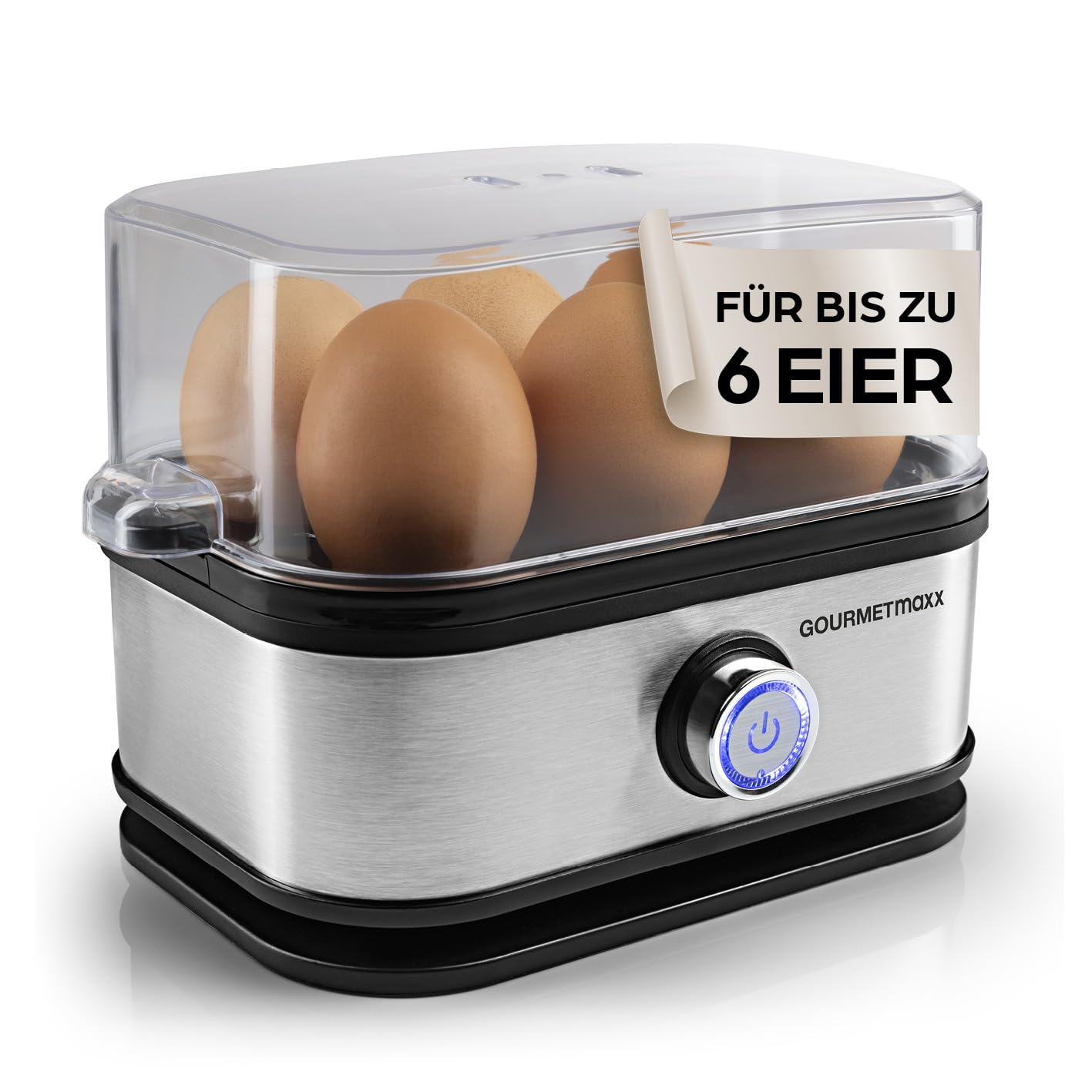 GOURMETmaxx Eierkocher für 6 Eier | Egg Boiler mit Eierstecher im Messbecher | Egg Cooker mit 3 Härtegraden – für jeden Eierbecher das Passende | Design Eierkocher Edelstahl, spülmaschinenfeste Teile
