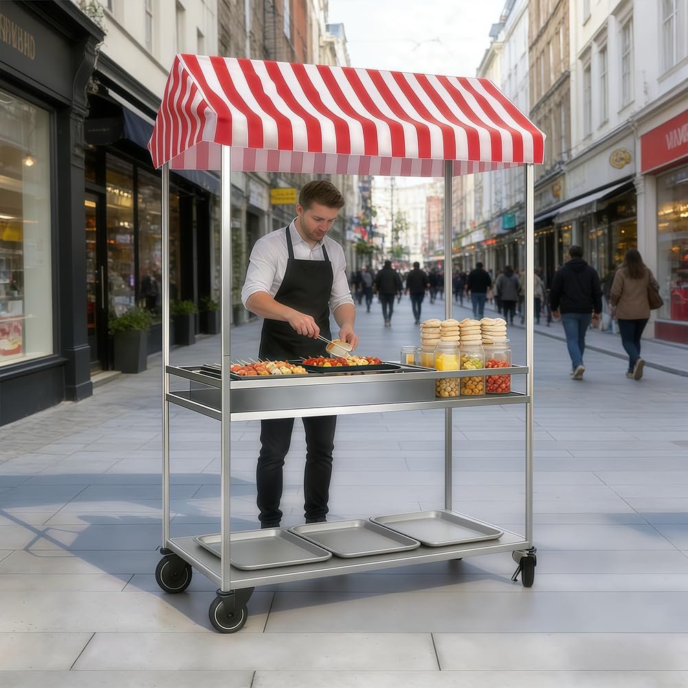 le Lebensmittelwagen mit Baldachin, robuster Rollwagen für Märkte, Festivals, Catering und Einzelhandel, Rot, 48 x 100 cm, perfekt für Lebensmittelhändler